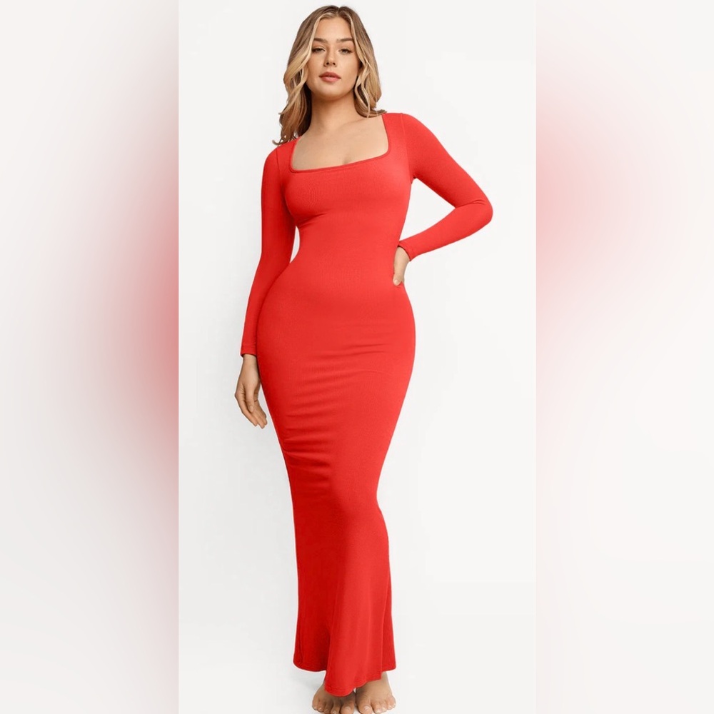 Popilush Shapewear Square Neck Long Sleeve Slimming Modal Maxi Dress